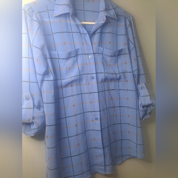 Michael Kors Blue Chain Linked Gold Collared Shirt Button down Blouse Size XS - Picture 4 of 9